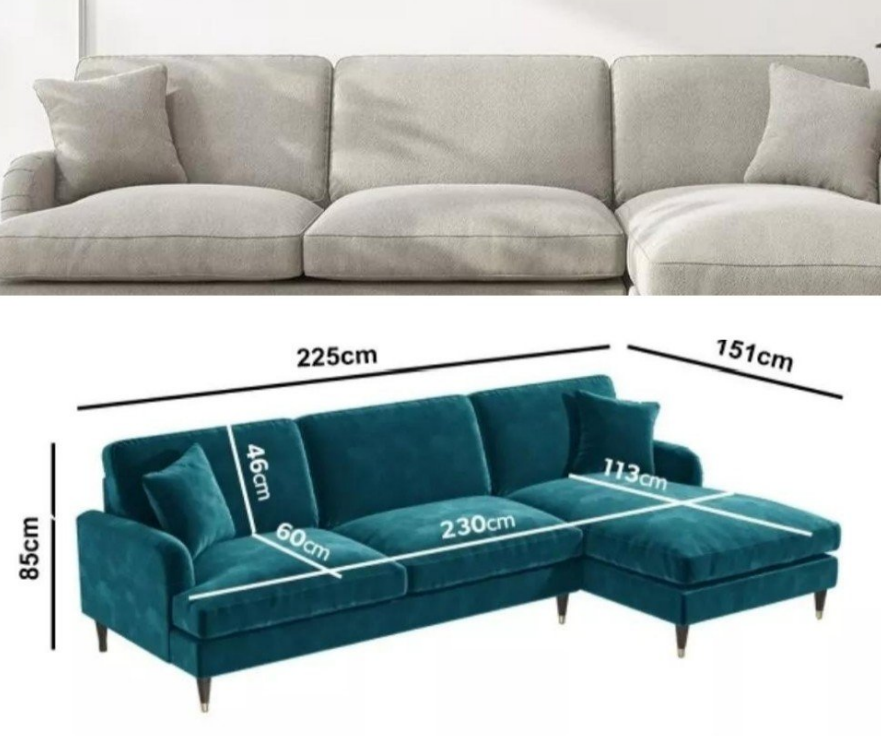L Shaped Sofa in Velvet Right Hand Facing
