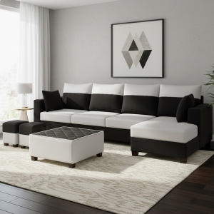 FURNY Arissa 8 Seater Fabric RHS L Shape Sofa Set with 1 Centre Table & 2 Puffies