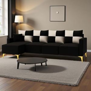 FURNY Brogan 6 Seater Fabric L Shape Sofa Set (Black)