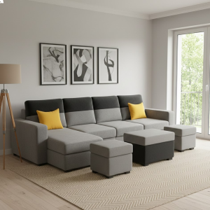 FURNY Christan 8 Seater Fabric LHS L Shape Sofa Set with 1 Centre Table & 2 Ottomans for Living Room Premium Velvet Finish Ideal for Living Room FURNY Christan 8 Seater Fabric LHS L Shape Sofa Set with 1 Centre Table & 2 Ottomans for Living Room Premium Velvet Finish Ideal for Living Room