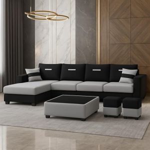 FURNY Dreamon 8 Seater Fabric L Shape Sofa Set with 1 Centre Table & 2 Puffy (Light Grey-Black)