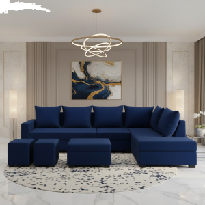 FURNY Gloria 8 Seater Fabric RHS L Shape Sofa Set with 1 Centre Table & 2 Puffy