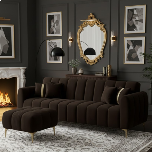 FURNY Hanster 3 Seater Velvet Fabric Sofa Set with Extra Ottoman