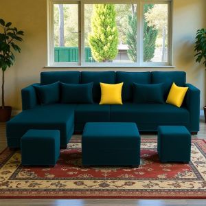 FURNY Milosa 8 Seater Fabric L Shape Sofa Set with 1 Centre Table & 2 Puffy (Greenish Teal)