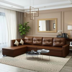 FURNY Nathan 5 Seater Leatherette L Shape Sofa Set (Brown) |Premium Finish|Durable Comfort Ideal for Living Room