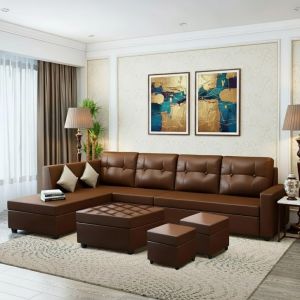 FURNY Nathan 8 Seater Leatherette LHS L Shape Sofa Set with 1 Centre Table & 2 Puffy |(Brown)