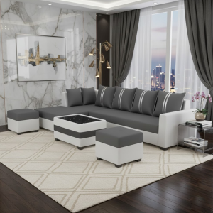 FURNY Stylio 8 Seater Fabric LHS L Shape Sofa Set with 1 Centre Table & 2 Ottoman