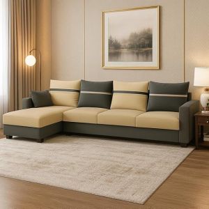 FURNY Wallis 5 Seater Fabric L Shape Sofa Set (Beige-Dark Grey)