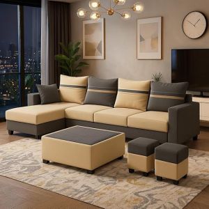 FURNY Wallis 8 Seater Fabric L Shape Sofa Set with 1 Centre Table & 2 Puffy (Cream- Dark Grey)