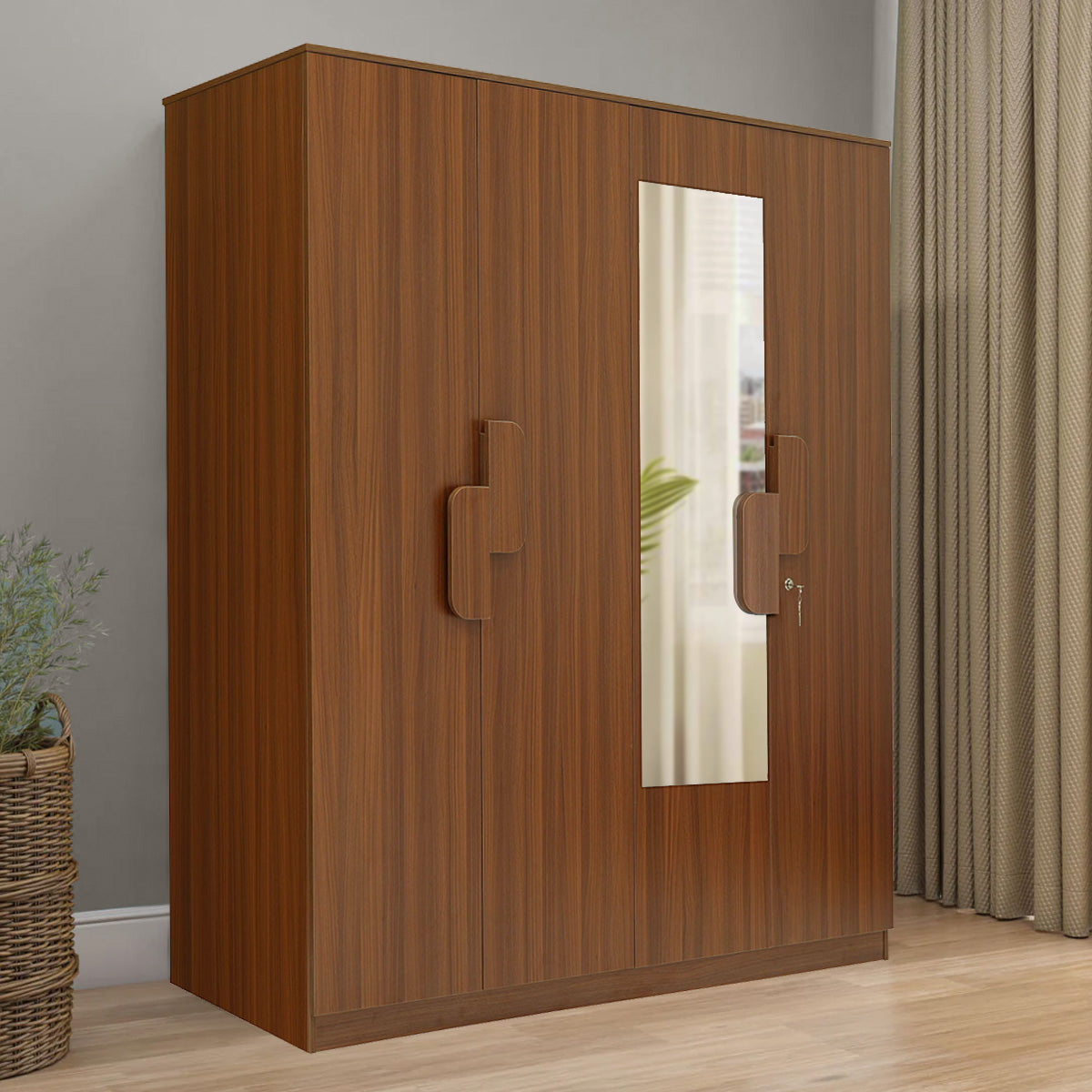 Nilkamal Calipso 4 Door Wardrobe With Mirror (Classic Plank Walnut) Nilkamal Calipso 4 Door Wardrobe With Mirror (Classic Plank Walnut)