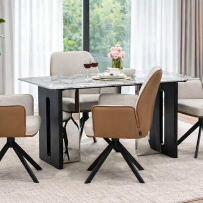 Seattle 5D Natural Stone Dining Table & Dallas Leatherette Chair 4 Seater Set