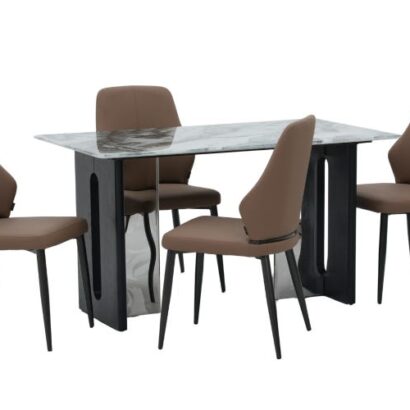 Seattle 5D Natural Stone Dining Table & Muar Chair 4 Seater Set