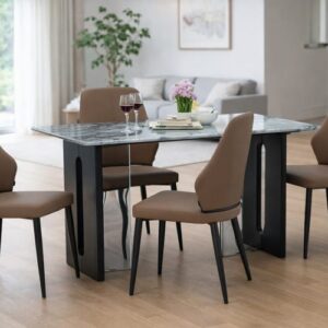 Seattle 5D Natural Stone Dining Table & Muar Chair 4 Seater Set